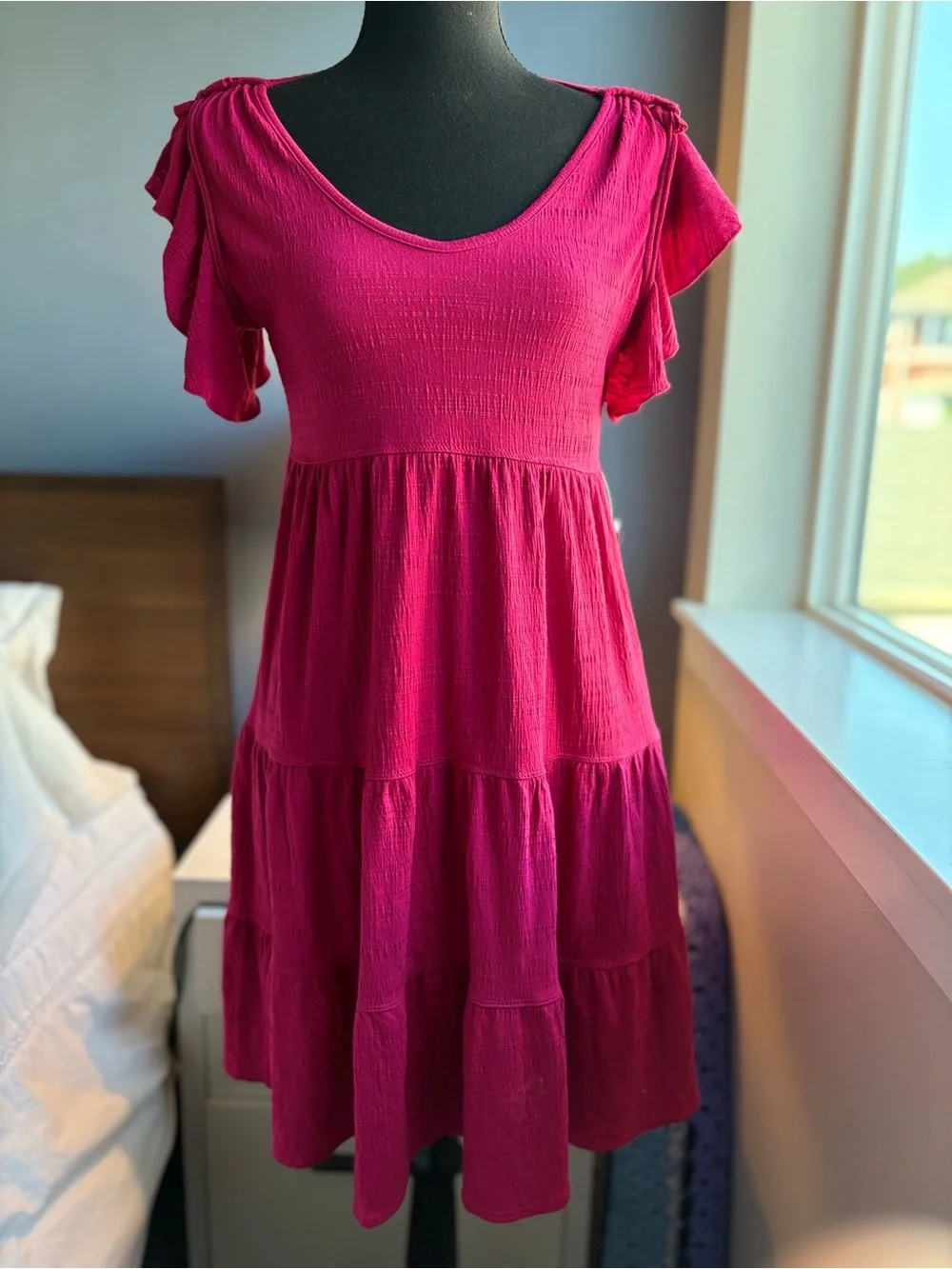 Max Studio Hibiscus Tiered V-Neck Babydoll Mini Dress with Flutter Sleeves - NWT